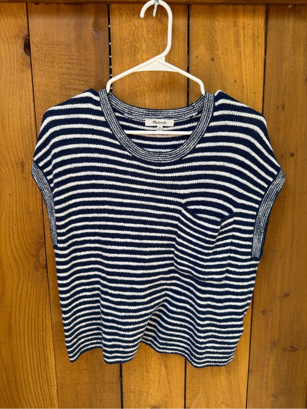 Madewell Navy and White Striped Short Sleeve Knit Top
